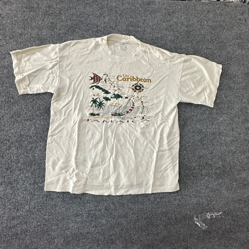 Super T's T Shirt Mens XXL Cream Vintage Caribbean Jamaica Map Graphic Sailboat